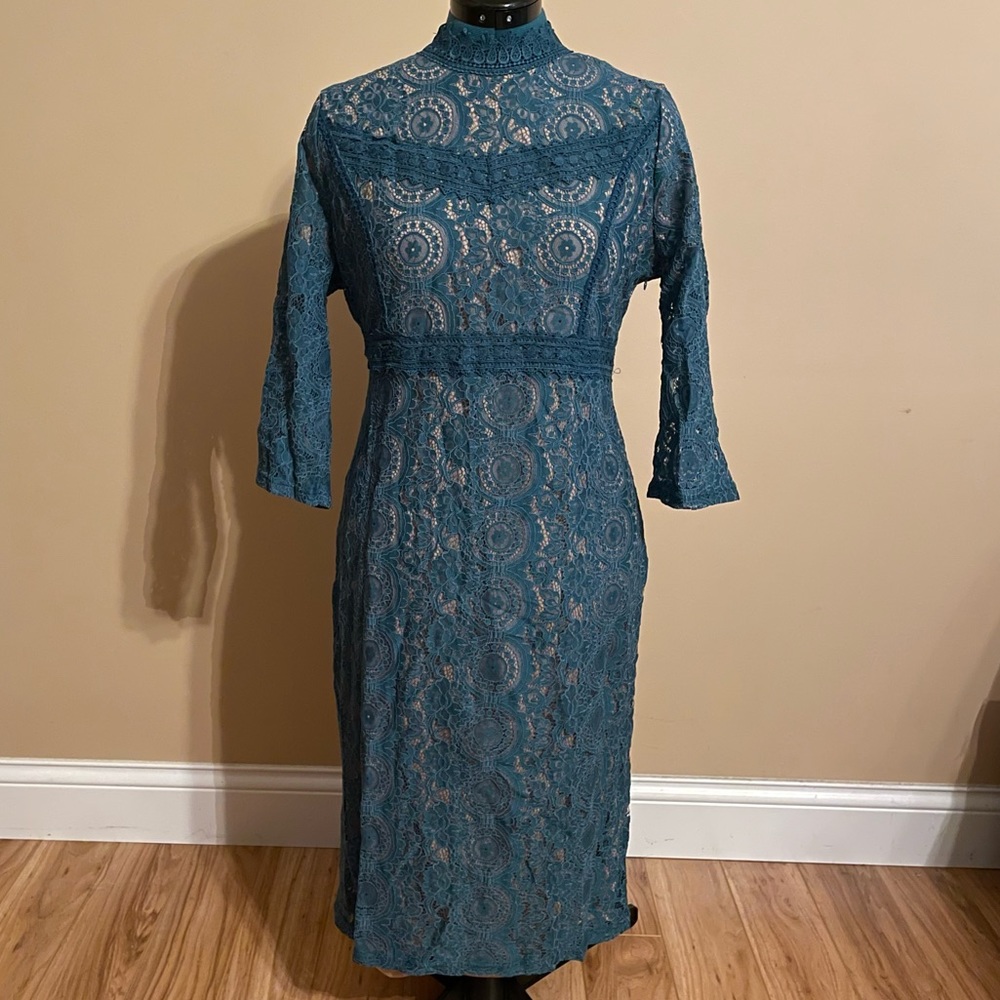 NWT Bohme Teal Lace Midi Dress Mock Neck Women's Size L